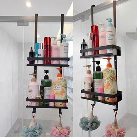 Shower Caddy Hanging Over The Door, Rustproof Shower Organizer, No Drilling Wall Shelves Bathroom with 2-Tier Rack and Hooks, Holds Body WashShampoo, Soap, Towel, Grey