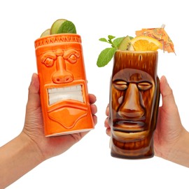 LEMONSODA Ceramic Hawaiian Tiki Glasses - Set of 8 - Fun Tiki Mugs for Cocktails, Barware & Luau Decor (Ceramic Variety, Set of 8)