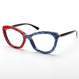 ICARA Oprah Style bling Diamond Reading Glasses for Women, Fashion Rhinestones Cat Eye Blue Light Blocking Readers (red/blue, 1.5, x)