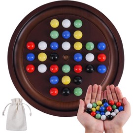 Dreamplay Gifts Mini Solitaire Marble Game Set Wood with 36 Multicolours Natural Stone Marbles Pieces Adults Classic Deluxe Game for Game Night Party and Gatherings (Light Walnut)