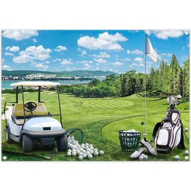 Luminora 7x5ft Golf Course Backdrop Woodland Green Grass Lake Blue Sky White Clouds Golf Cart Flagstick Background Birthday Party Decorations Photo Banner