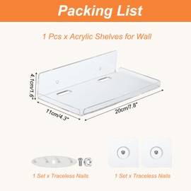 PATIKIL 8" Small Floating Shelves, Clear Acrylic Shelves for Wall Small Clear Wall Shelf Bathroom Shelves for Bedroom Living Room Book Shelf Kitchen