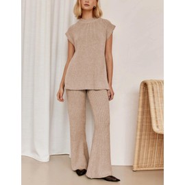 Lviefent Womens 2 Piece Outfits Sweater Set Sleeveless Side Slit Pullover Top Knit Wide Leg Pants Lounge Matching Sets (Khaki-S)