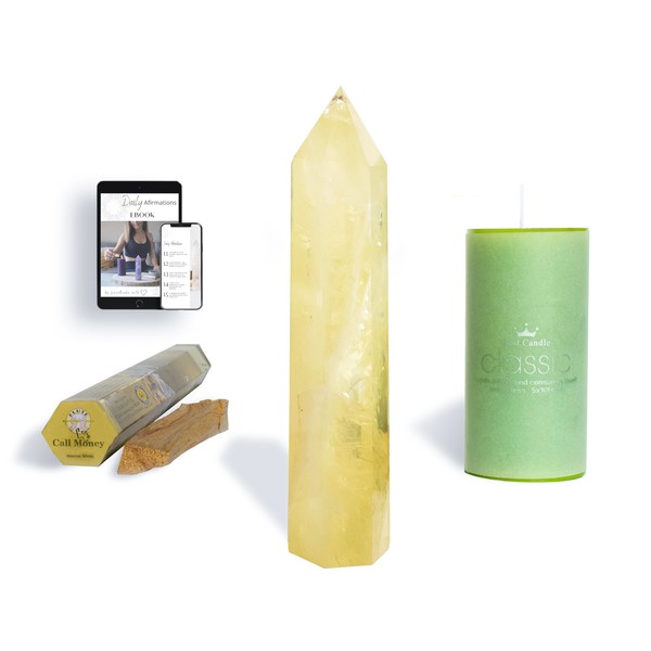 Large Citrine Set for Wealth & Money: Meditation Healing Crystal, Manifestation Green Candle, Call Money Ritual Aromatic Sticks, Palo Santo & Daily Affirmations eBook in Gift Box. New Year Ritual