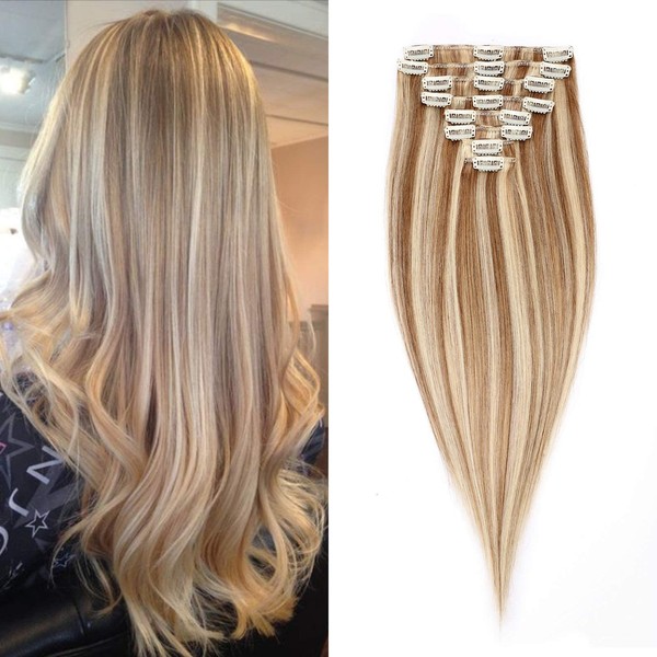 Silk-co Clip-In Real Hair Extensions, Blonde Highlighted Clip-In Extensions, 8 Wefts, 18 Clips, Remy Real Hair Clip-In Hair Extensions, 90 g, 12P613# Golden Brown and Bleach Blonde