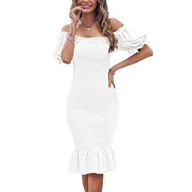 SENFURE Women's Smocked Midi Dresses Short Puff Sleeve Swiss Dot Bodycon Dress Ruffle Shirred Party Cocktail Mermaid White