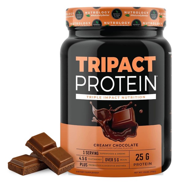 Nutrology TRIPACT Protein - Premium Nutrition Shake - Non-GMO Grass Fed Whey Protein, Plant Proteins, Greens, Superfoods & Probiotics, Gluten Free - Over 5g BCAAs - Creamy Chocolate 1.5lb.