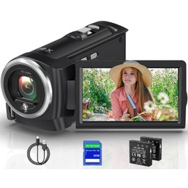 Tixeuo 2.7K Video Camera Camcorder QHD 50MP YouTube Vlogging Camera 16X Digital Zoom Webcam 270 Degree Rotation Screen Camcorders with 32G SD Card and 2 Batteries Recording While Charging