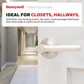 Honeywell Safes & Door Locks Interior Door Handle – Lever Door Handle with Reversible Design, Satin Nickel, Passage Function, Easy-to-Install Door Handles for Home & Office - 8108626