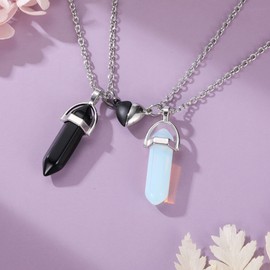 JSDDE Set of 2 Hexagon Columns Pendant Necklace with Heart Magnetic Pendant Set Couples Pendant Made of Healing Stone Couples Chain Partner Chain Lucky Charm Jewellery for Lovers Friend, Gemstone
