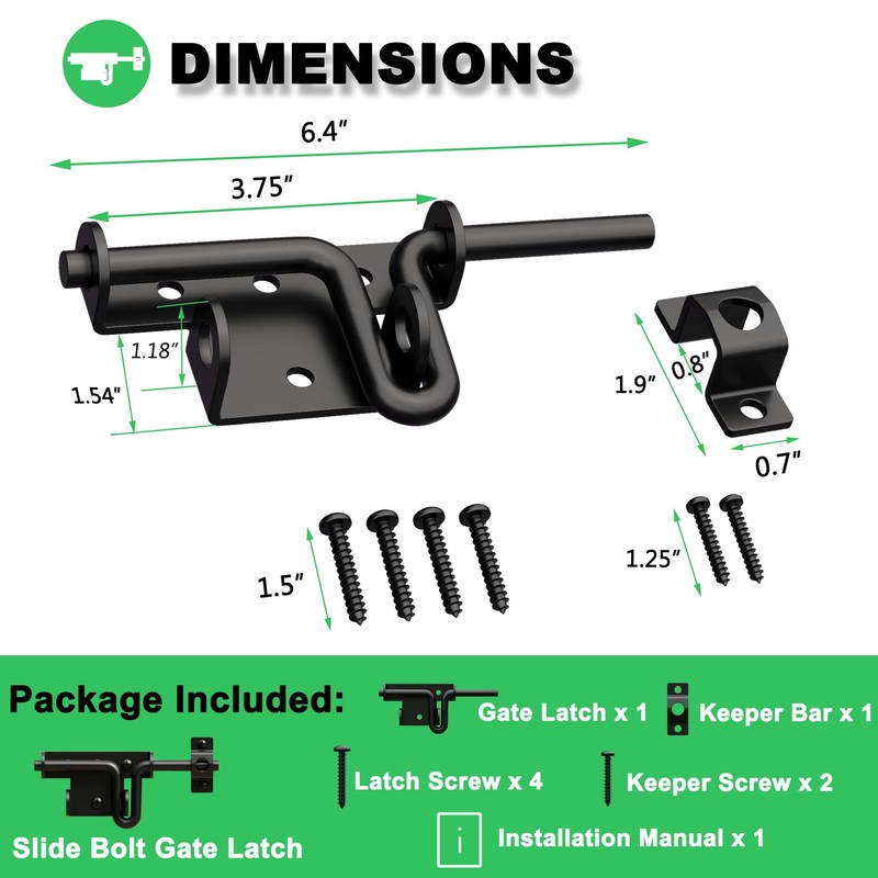 Heavy Duty Slide Bolt Gate Latch for Wooden Fence, 2