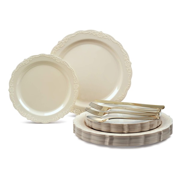 " OCCASIONS " 150 Pieces set (25 Guests)-Vintage Wedding Plastic Plates & cutlery -Disposable Dinnerware 10'', 7.5'' + Silverware w/double fork (Verona Plain Ivory)