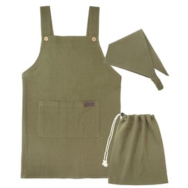 ON NISHIKI Kids Apron, Kids, Boys, Girls, (Apron, Triangular Band, Drawstring Bag), 3-piece Set, 100% Cotton, Skin-friendly, Thin, Elementary School, Triangle Bandana Set with Pockets (Khaki: 5/120-140/wka009)