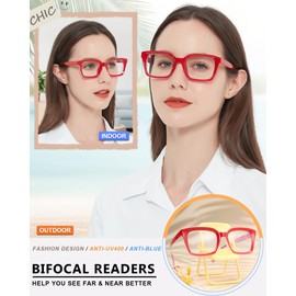 MARE AZZURO No Line Bifocal Reading Glasses +3.0 Women Oversized Blue Light Blocking Readers 0 1.0 1.5 2.0 2.5 3.0 3.5 (Red, 3.00)