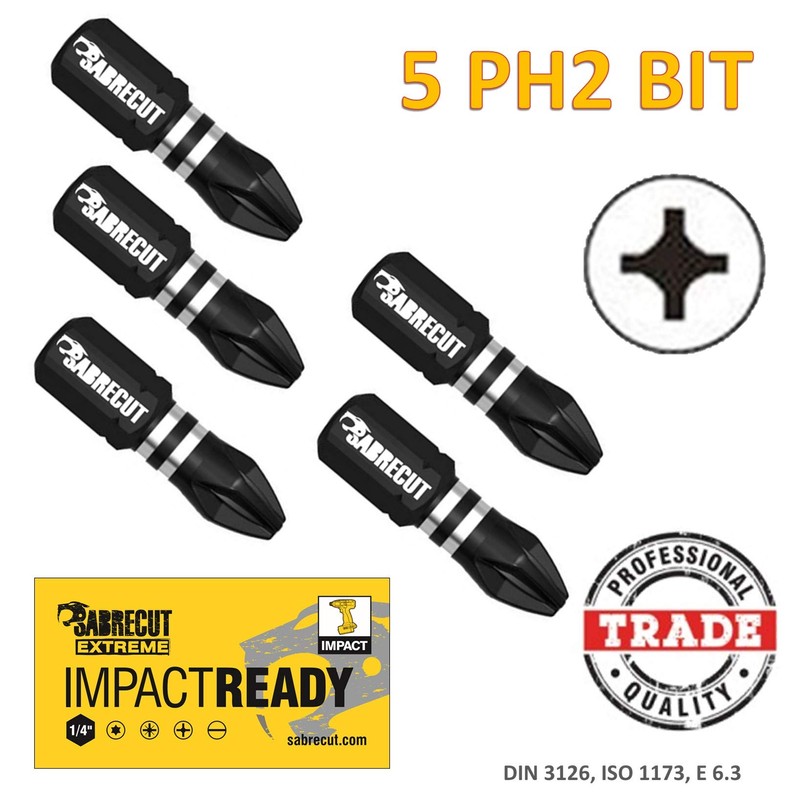 5 x SabreCut SCPH225_5 25mm PH2 Impact Screwdriver Driver Bits