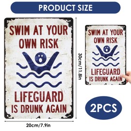 2 Pcs Swim at Your Own Risk Sign, 12" x 8" Vintage Metal Pool Signs for Outside, Funny Outdoor Signs for Wall, Durable Outdoor Pool Decor, Rustic Deck Accessories for Patio