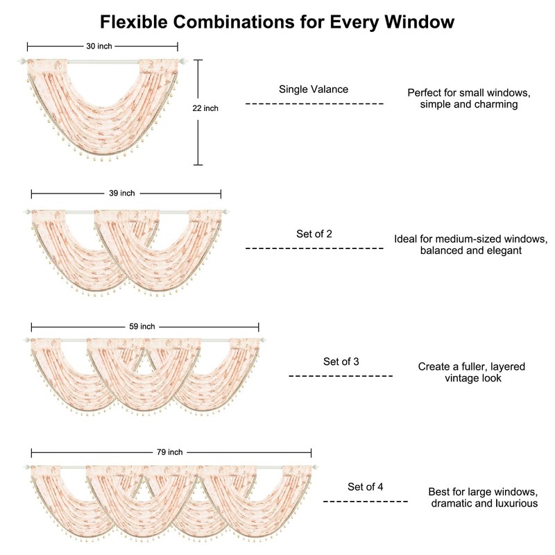 VOGOL Pink Rose Waterfall Window Valance, Rod Pocket, 30 x