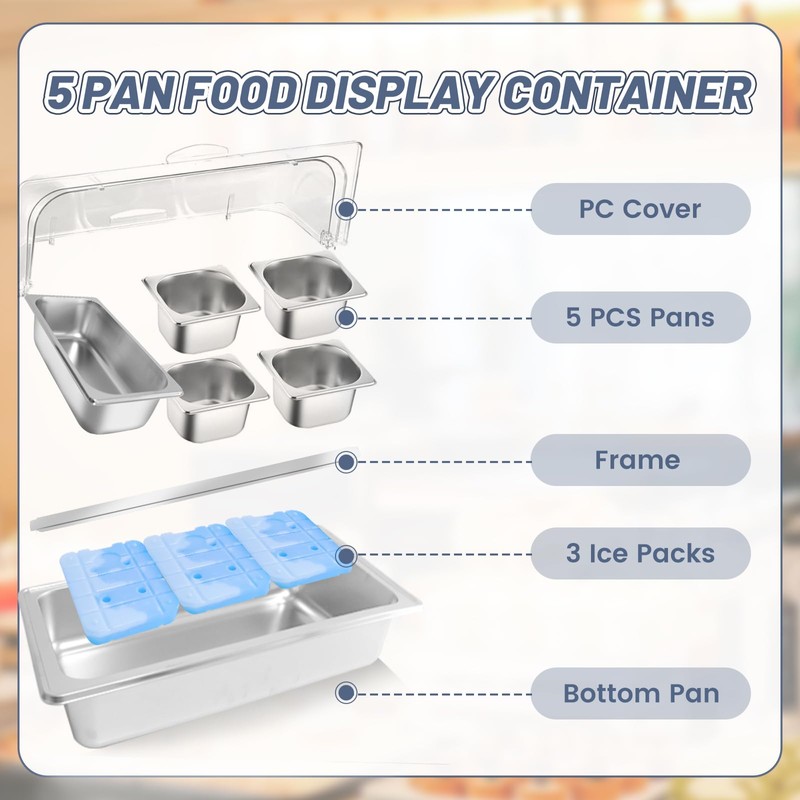 Countertop Ice Food Serving Display Tray with 5 Pan, Salad