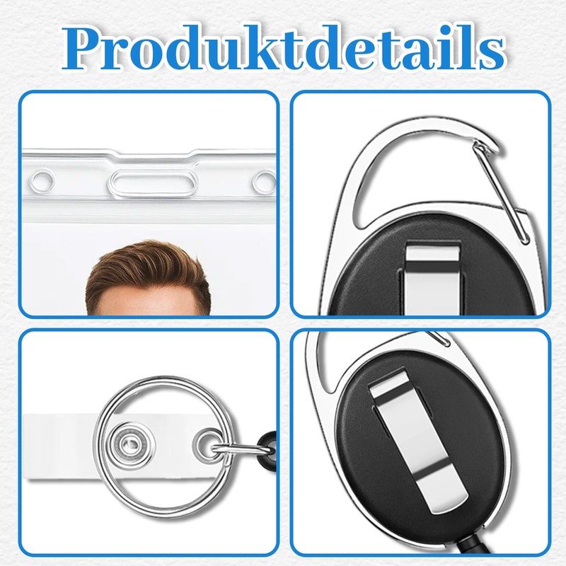 6 Retractable ID Card Holder Set with 3 Extendable Clips