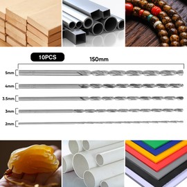 Set of 10 Extra Long Wood Drill Bits HSS Twist Drill Bits Diameter 2 mm, 3 mm, 3.5 mm, 4 mm, 5 mm, 150 mm Length, for Precise Drilling in Wood, Plastic and Aluminium, Perfect for Renovations