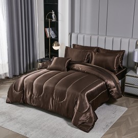 Silk Like Sarin Comforter Set with Sheet Set King 8 Pieces Satin Bedding Set Sexy Silky Bed-in-a-Bag Luxury Hotel Brown Comforter Set with 1 Cushion Cover Vegan Silky Bed Set