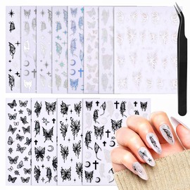 Sinyanail 12 Sheets 3D Butterfly Nail Art Stickers Self-Adhesive Laser Lively Butterfly Flowers Nail Decals Supplies Stickers with Tweezer for Women's Manicure Making(Hudie)