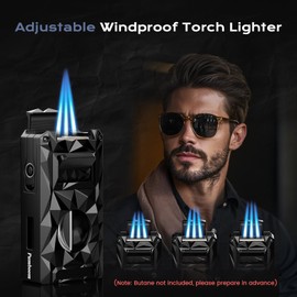 5-in-1 Windproof Lighter with V Cutter, Punch, Draw Enhancer Tool, Holder, Triple Jet Flames, Butane Torch Lighter, Versatile Accessories for Travel, Candle, Lighter Gifts for Men (Without Butane)