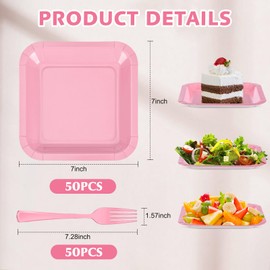 Dandat 100 Pcs 7 In Square Disposable Paper Plates with 7.28 In Plastic Forks Metallic Foil Paper Dessert Plates Utensils Set for Kids Birthday Party Supplies Wedding (Pink)
