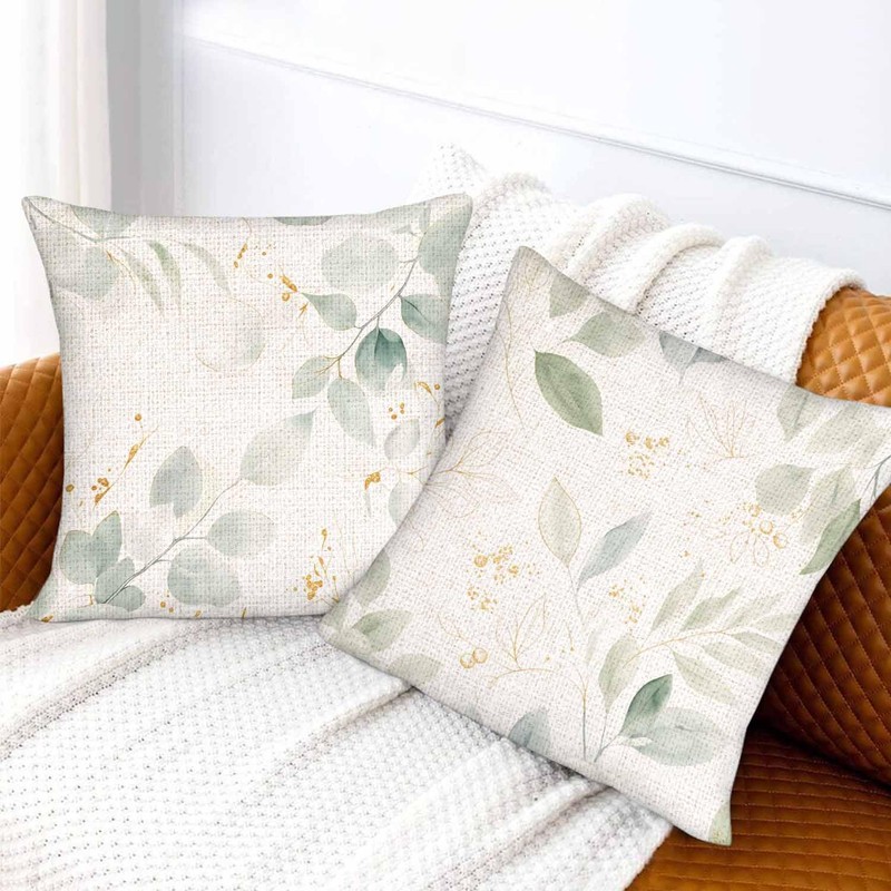 Botanical Plant Throw Pillow Covers Set of 2,Green Gold Floral