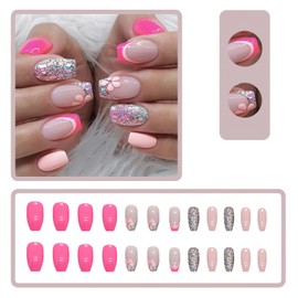 Mkwntg Pink French Tip Press on Nails Medium Square Fake Nails Silver Glitter Coffin False Nails Glossy Acrylic Nails with Flower Design Natural Full Cover Glue on Nails for Women Girls 24Pcs
