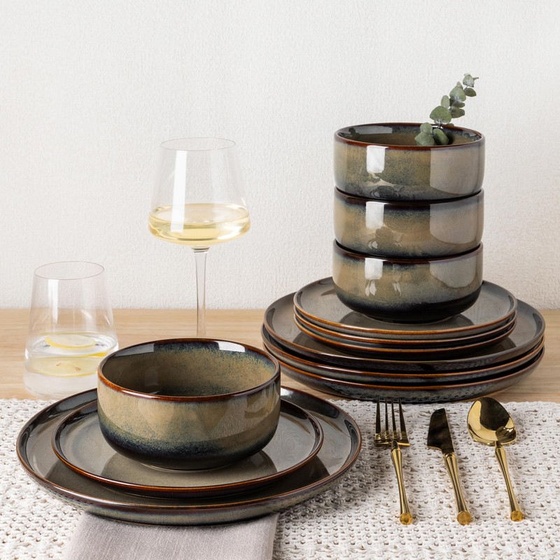 TheTerra Ceramic Dinnerware Sets for 4, 12 Pieces Handmade Reactive