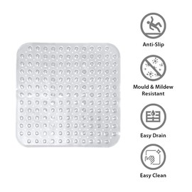 ANSIO® Shower Mats Non Slip Anti Mould Bath Mat for Bathroom Bathtub PVC Shower Mat with Drain Holes & Suction Cups Machine Washable 54 x 54 cm / 21.2 x 21.2 inches -Clear)