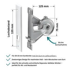 Roller Shutter Belt Winder Inlet Belt Roller [With 5 m Belt Strap] Belt Roller Blind Winder Flush-Mounted with Cover (Hole Spacing 135 mm)