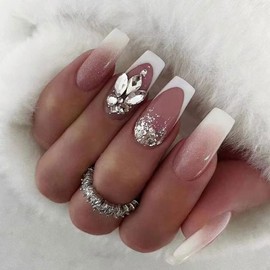Magrace Long Square Press on Nails Fake Nails French Tips False Nails with Designs Rhinestone 24 pcs Stick on Nails for Women