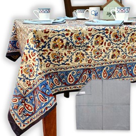 Sweet Us Vintage Paisley Floral Cotton Block Print Tablecloth and One Gray Napkin, Floral Kitchen Dining Table Cloth, Table Cover for Indoor and Outdoors, Tranquil Sand, 60 x 60 in