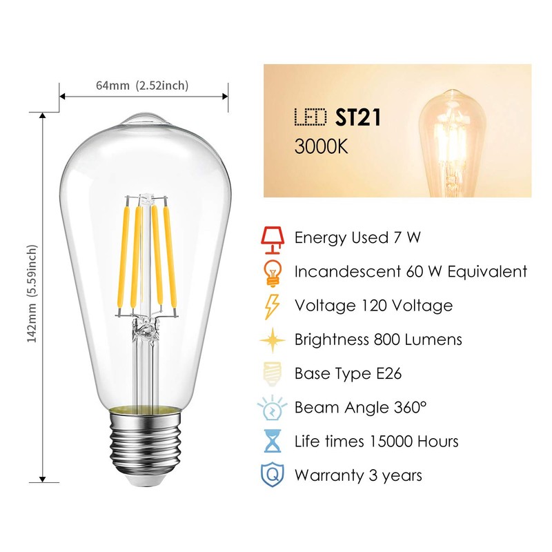 LVWIT ST21 LED Filament Bulb 7W Dimmable 3000K Soft White
