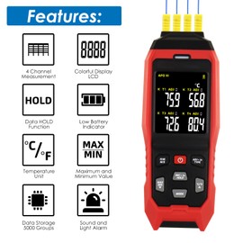 4-Channel Digital K Type Thermocouple Thermometer Data Logger | Programmable Temp Recording | -328~2501℉ Range | 5000 Groups Storage | Audible & Visible Alarm | ADJ Compensation | High Accur