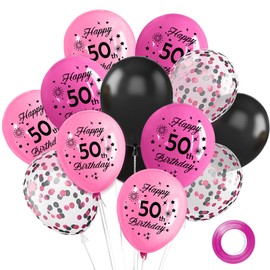 50th Birthday Pink and Black Balloons,12 Inch Hot Pink, Light Pink, Black Balloons with Confetti for Girls Women 50th Birthday Party and Wedding Celebrations Decorations
