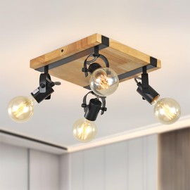 SEEBLEN Farmhouse Wooden Flush Mount Ceiling Lamp,4-Light Directional Ceiling Spotlight Track Kits,Rustic Farmhouse Kitchen Light Fixtures for Kitchen Bathroom Bedroom Hallway.