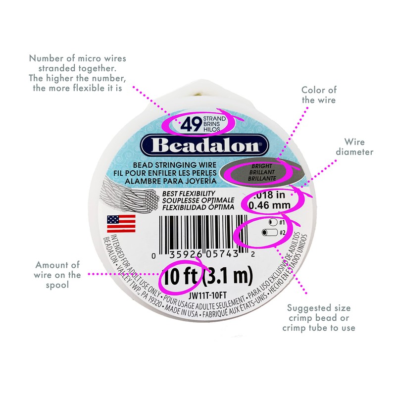 Beadalon 49-Strand Bead Wire, .024/0.61 mm, Bright, 10 ft /