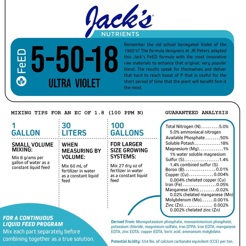 Jack's Classic Nutrients 5-50-18 Ultraviolet Water-Soluble Fertilizer for Bud Set