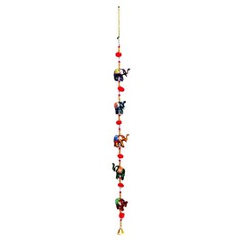 Super India Door Hanging Decorative Five Hand Painted Elephant Stringed Together with Beads and Brass Bell Set of 2 pcs
