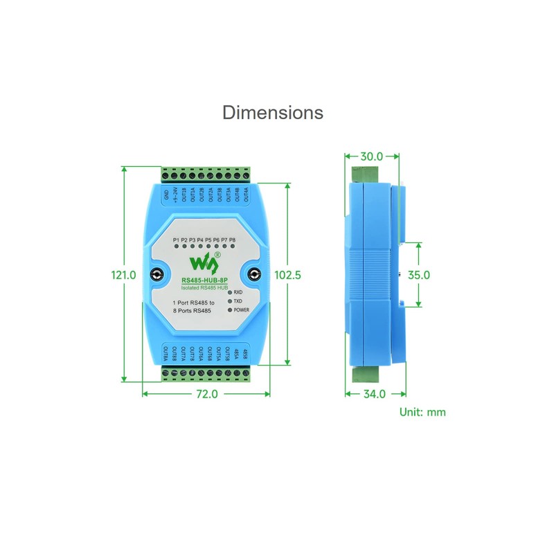 8-ch RS485 Hub with RS485 Network Relay, Extension, Isolation Functions,