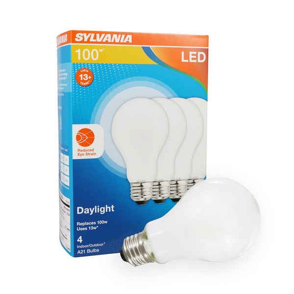 Sylvania Reduced Eye Strain A21 LED Light Bulb, 100W = 15W, 13 Year, Dimmable, Frosted, 5000K, Daylight - 4 Pack (40660)