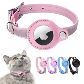 Airtag Cat Collar, Leather Airtag Collar Cat, Reflective Adjustable GPS Cat Collar, Airtag Case for Tracking Cat, Anti-Lost, Airtag Cat for Large/Medium/Small Cat (S, Pink)