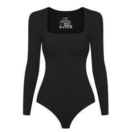 CLDFHX Bodysuit Short Sleeve for Women Seamless Elegant Ribbed Shapewear Women's Body Tummy Control One Piece Square Neck Leotard Top, black