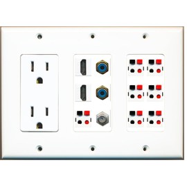RiteAV - (3 Gang 15A Power Outlet 2 HDMI Coax 2 RCA Blue 7 Speaker Jack Wall Plate White