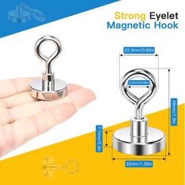 Wukong 32 mm Eyelet Magnet Strong, Pack of 2 Neodymium Magnets Extra Strong, 35 kg (77 lbs) Magnetic Hooks, White, Small Magnets with Hooks for Camping, Warehouse and Kitchens