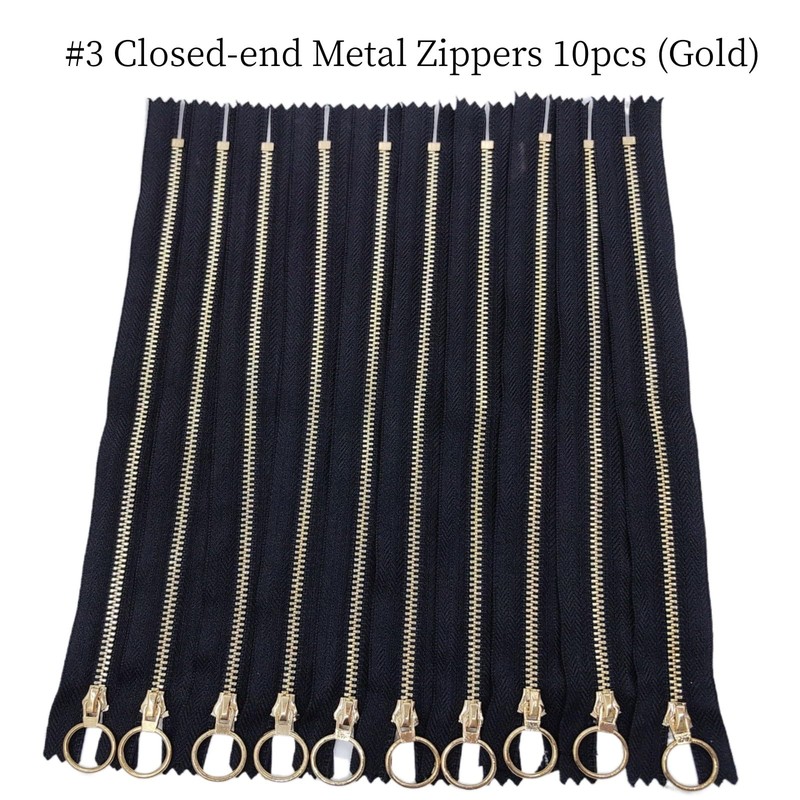 10PCS 8Inch (20cm) Metal Zippers Black#3 Golden Plated Bulk Close