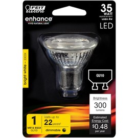 Feit Electric 4W LED MR16 GU10 Bulbs with 35W Equivalent, Dimmable, MR16 Bulbs, 22 Yrs. Lifetime, 300 Lumens, 3000K Warm White, 6 Packs - BPMR16/GU10/930CA/6